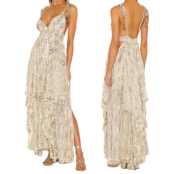 Free People Dresses & Skirts - Free People Meredith Embellished Maxi Dress in Gold Foil Shimmer Women’s Size M